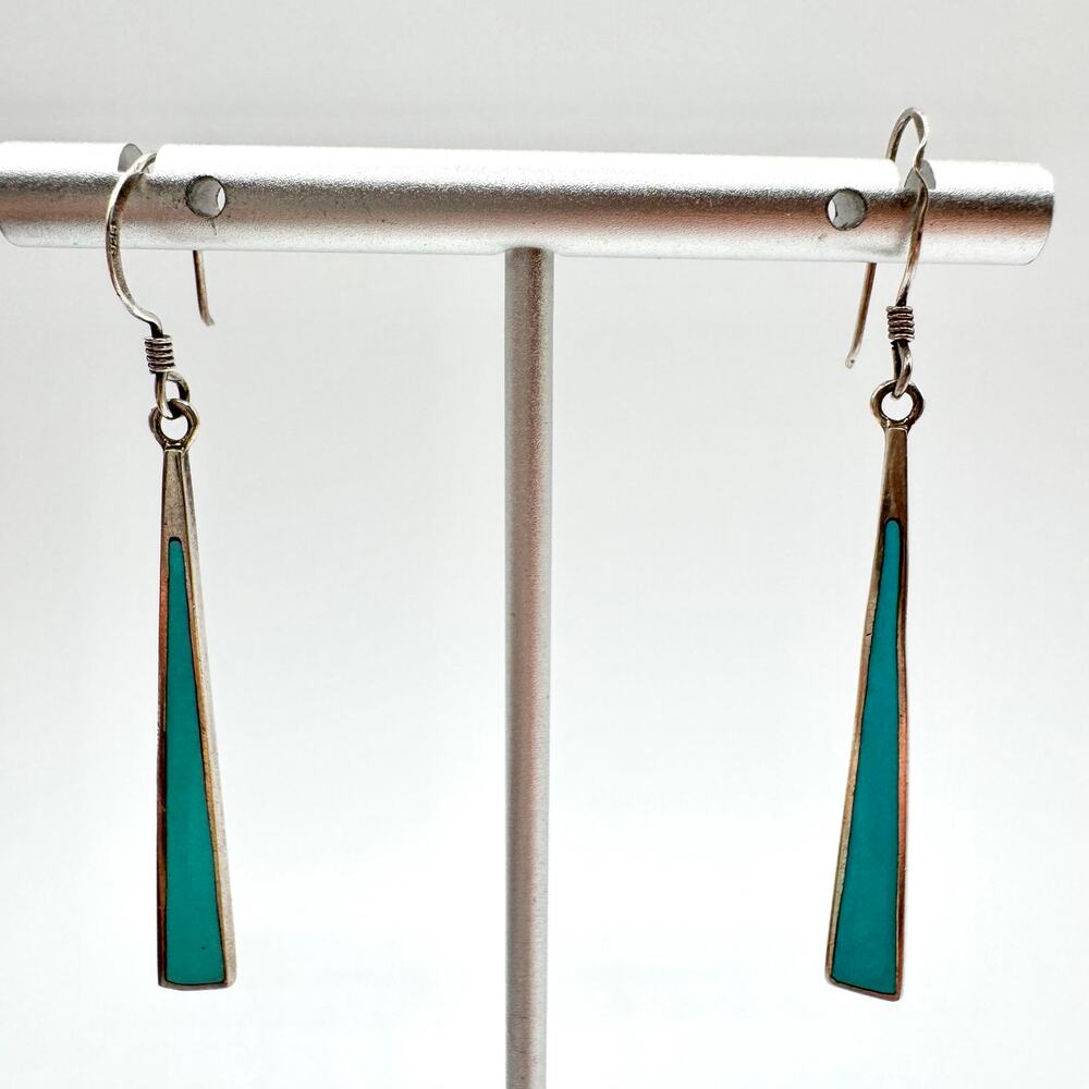 925 Sterling Silver Turquoise Inlay Long Dangle Earrings Southwest Tribal Native - Picture 2 of 10